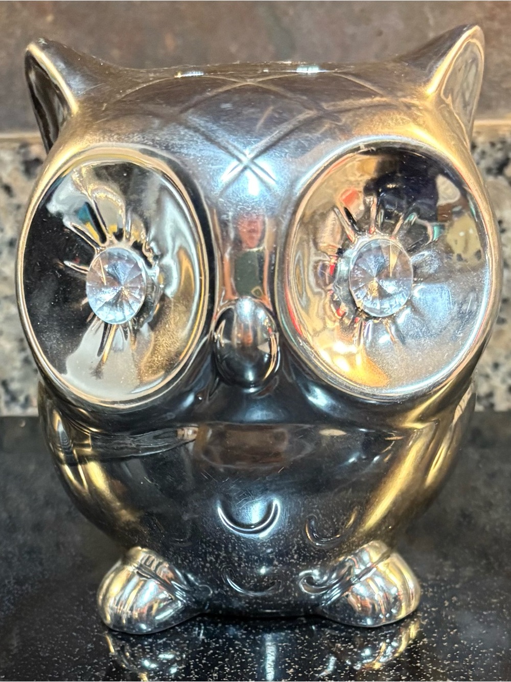 Vintage Silver Owl Coin Bank- Ceramic- Bright Shimmering Rhinestone/Crystal Eyes